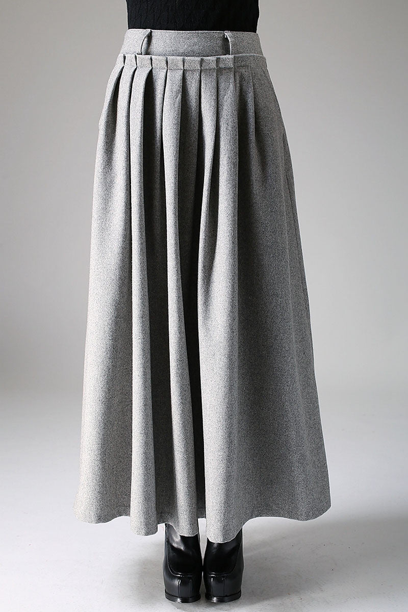 Light Gray Wool Maxi Skirt – High Waist Pleated Full-Length Skirt 1095