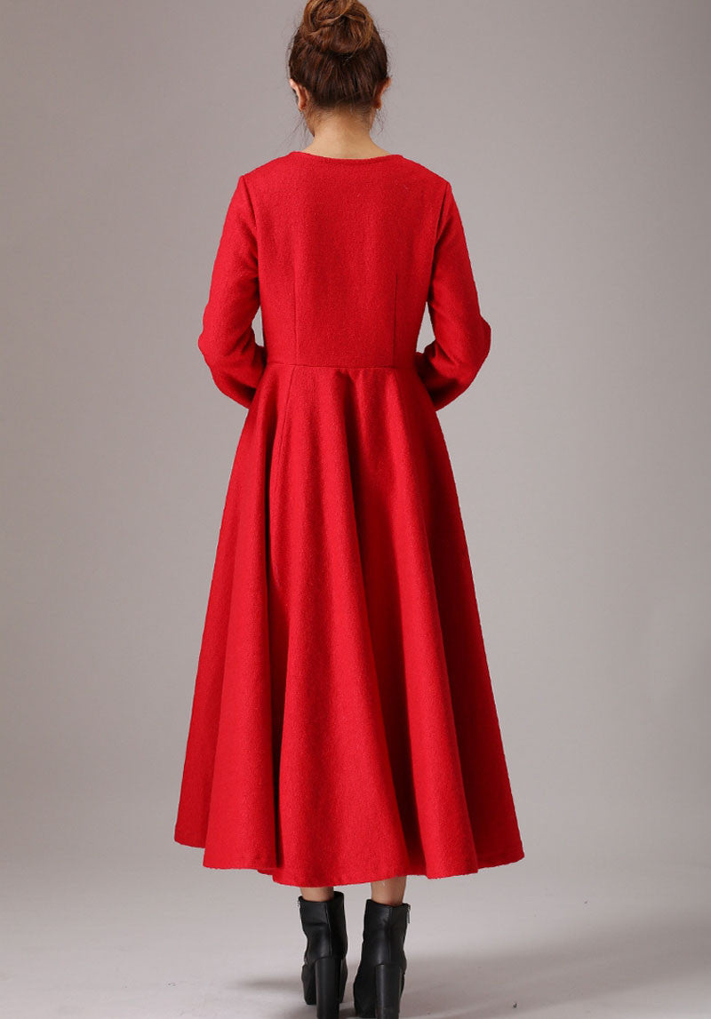 Red Wool Maxi Dress - Round Neckline, Regular Fit 766