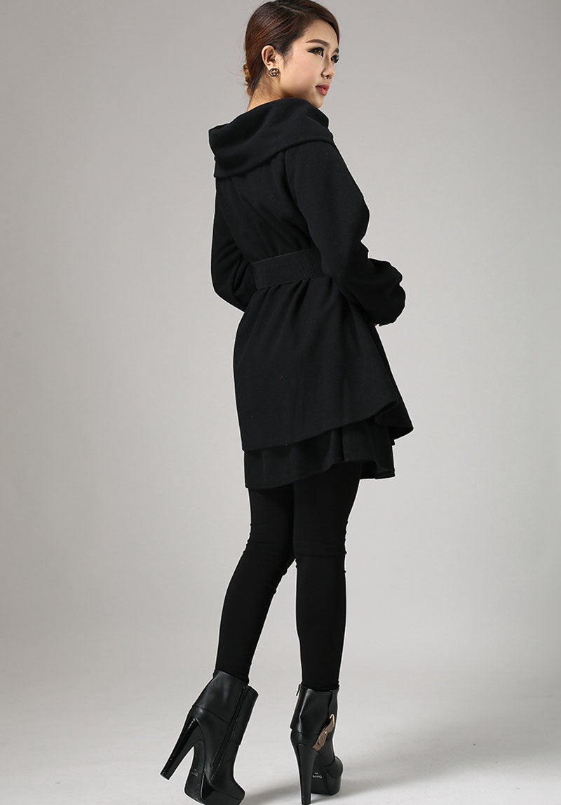 Black Wool Mini Dress - Oversized Swing with Chunky Collar 733