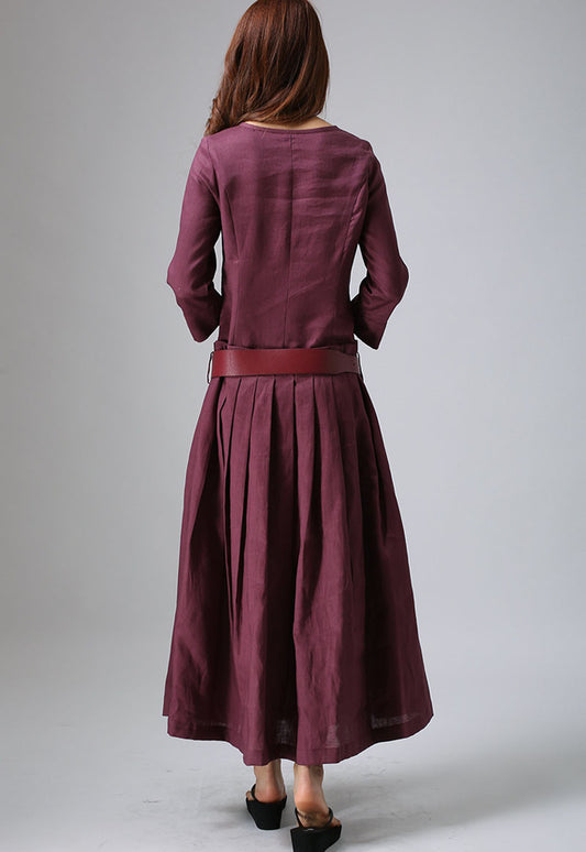Purple Linen Maxi Dress - Pleated Skirt 3/4 Sleeves | Xiaolizi 802