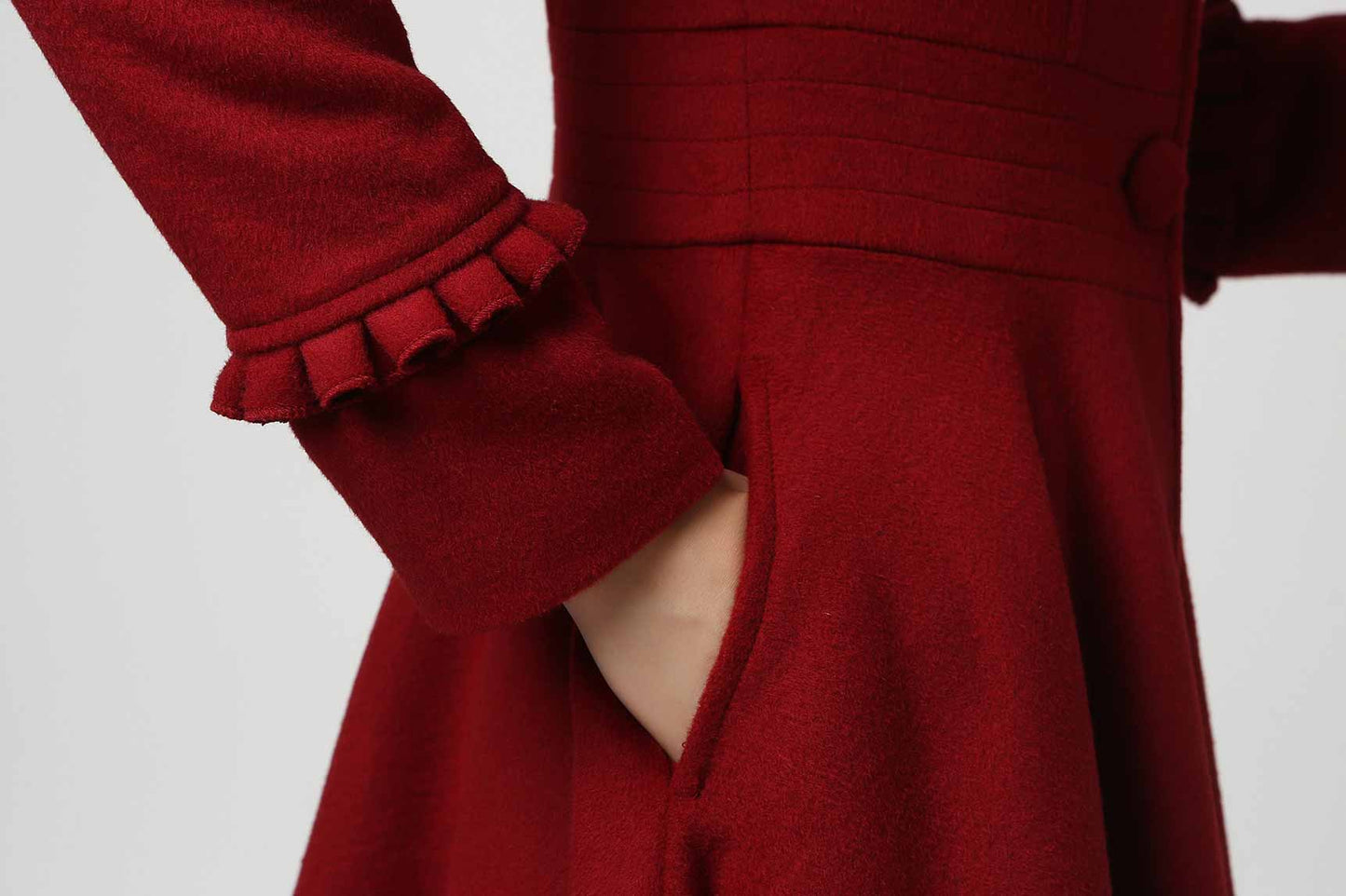 Red Wool Maxi Coat for Women – Ruffle Trim, Fit & Flare Winter Overcoat 1104