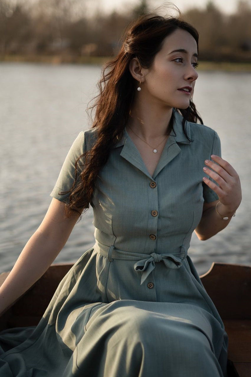 Green Cotton Midi Shirtwaist Dress - Fit & Flare Swing | Xiaolizi Green Cotton Midi Shirtwaist Dress - Fit & Flare Swing | Xiaolizi