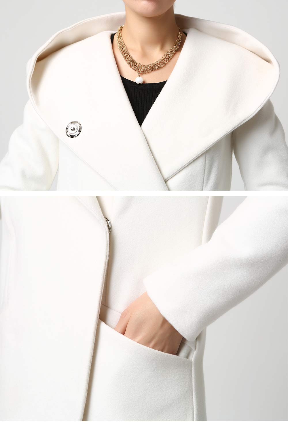 Women’s White Wool Blend Coat – Dramatic Hood & Drop-Hem Design 1119