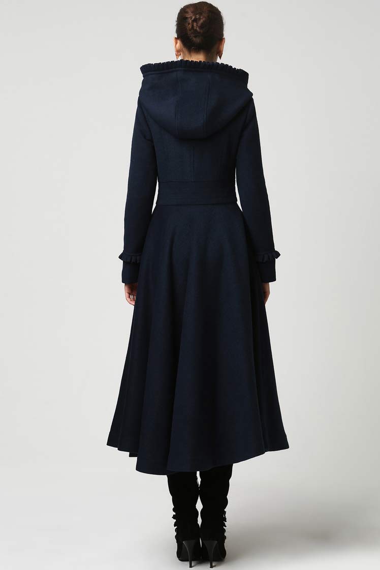 Womens Long Wool Coat with Hood and Ruffle 1102#