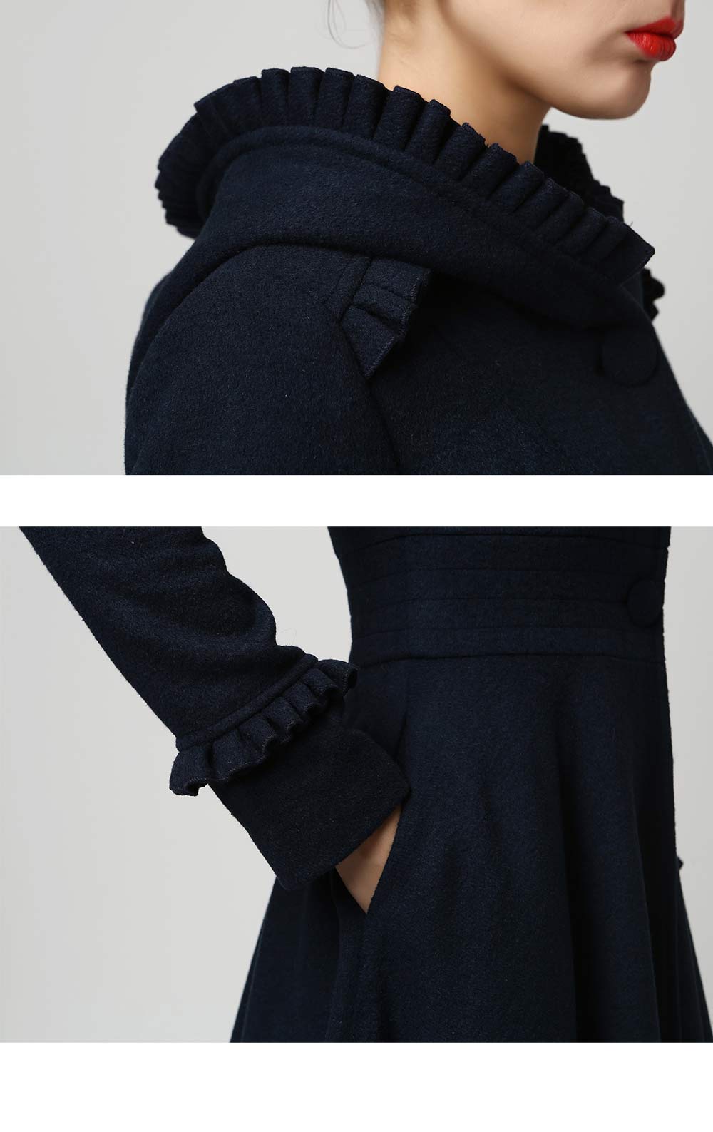 Navy Hooded Wool Maxi Coat – Ruffle Trim Fit & Flare Winter Coat | Xiaolizi 1102