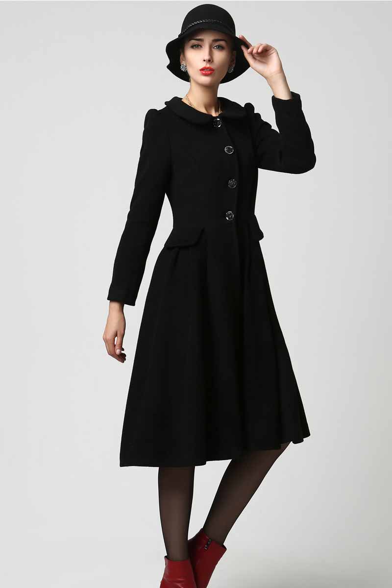 Womens Long Black Wool Coat with Ruffled Collar 1125#Black / S(US4) Womens Long Black Wool Coat with Ruffled Collar 1125#Black / S(US4)