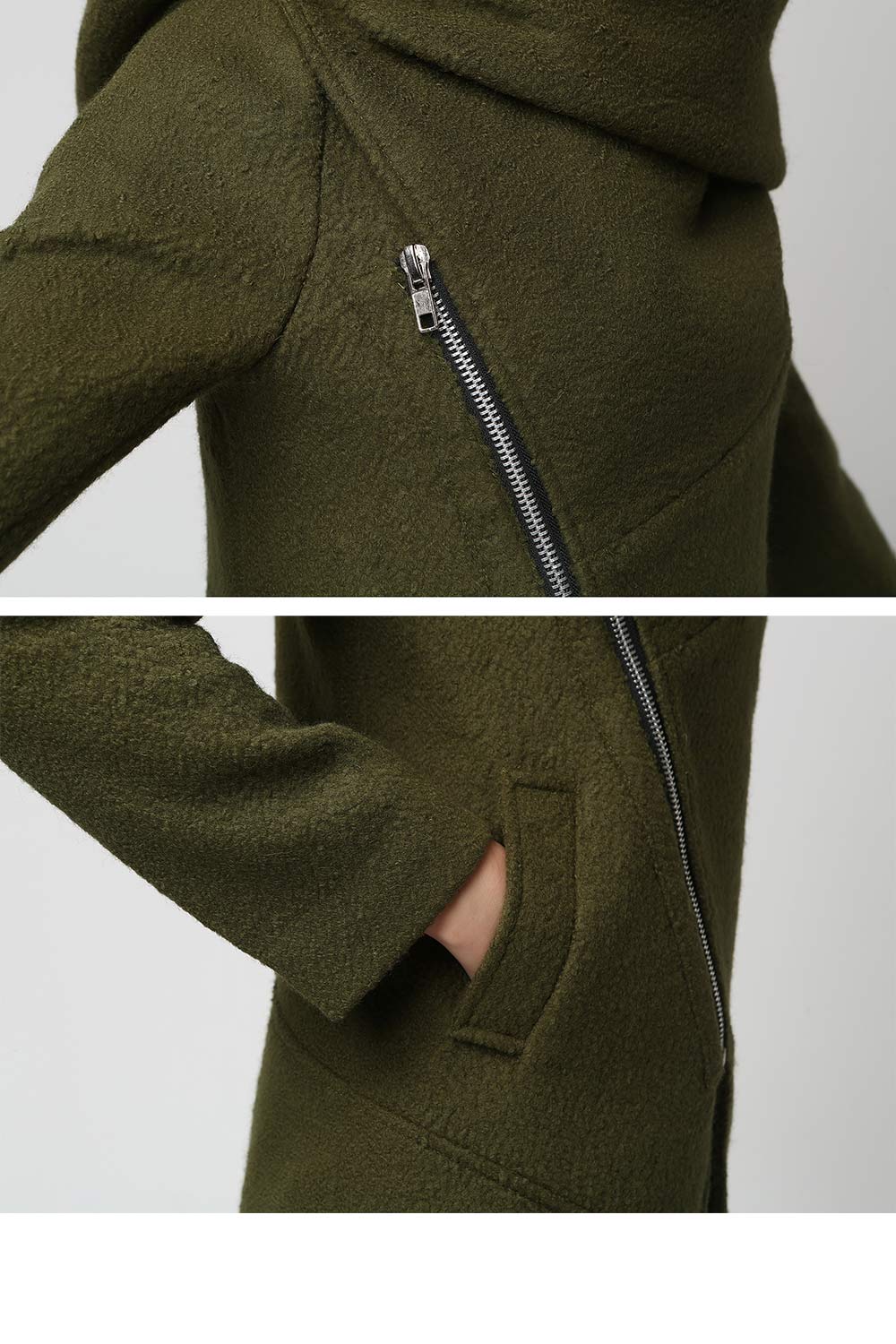 Moss Green Wool Coat – Asymmetrical Short Winter Coat with Oversized Hood 1128