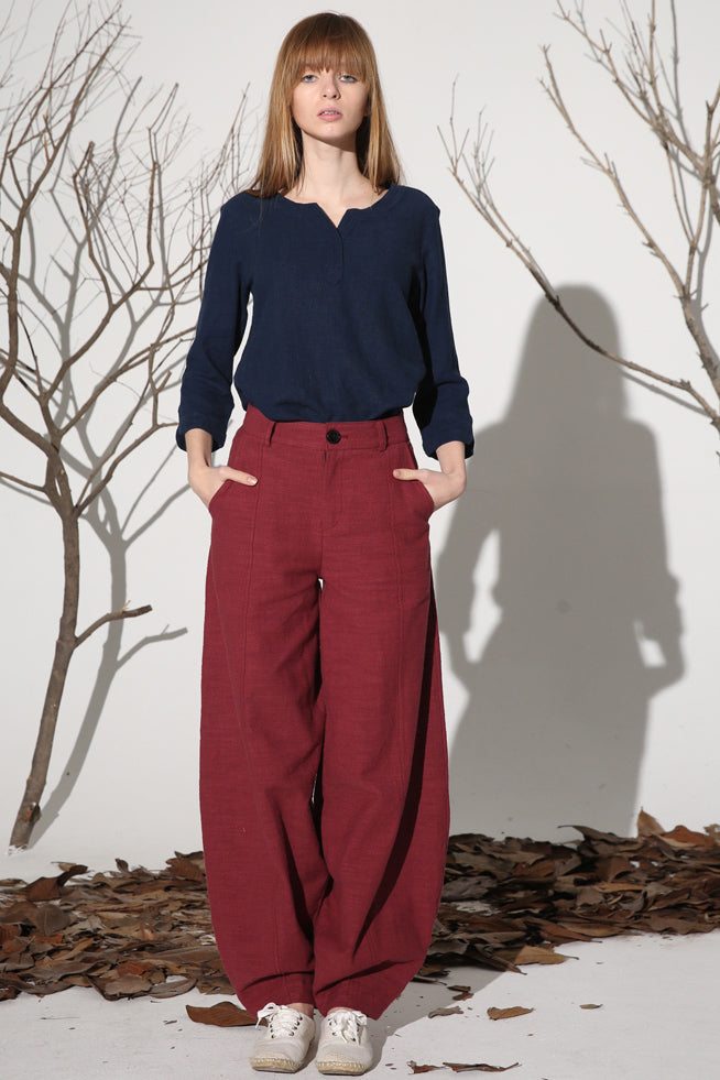 Wine Red Linen Baggy Pants – Handmade Wide-Leg Trousers Xiaolizi