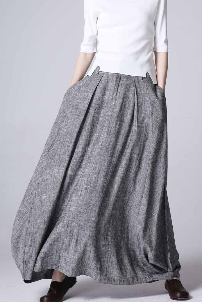 Gray Brown Linen Maxi Skirt – Handmade High Waisted Spring Skirt | Xiaolizi 0905