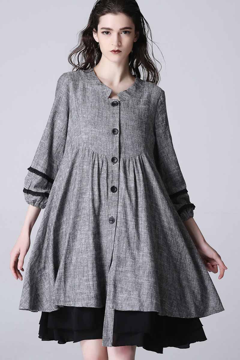 Grey Linen Blend Shirt Dress with Flowy Bishop Sleeves Xiaolizi Grey Linen Blend Shirt Dress with Flowy Bishop Sleeves Xiaolizi