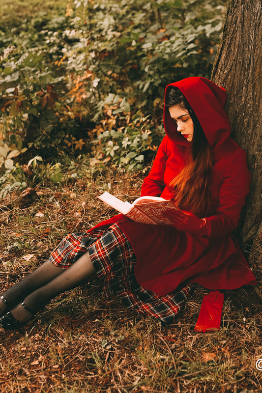 Red Wool Midi Coat - Hooded Empire Waist Swing Silhouette 2415
