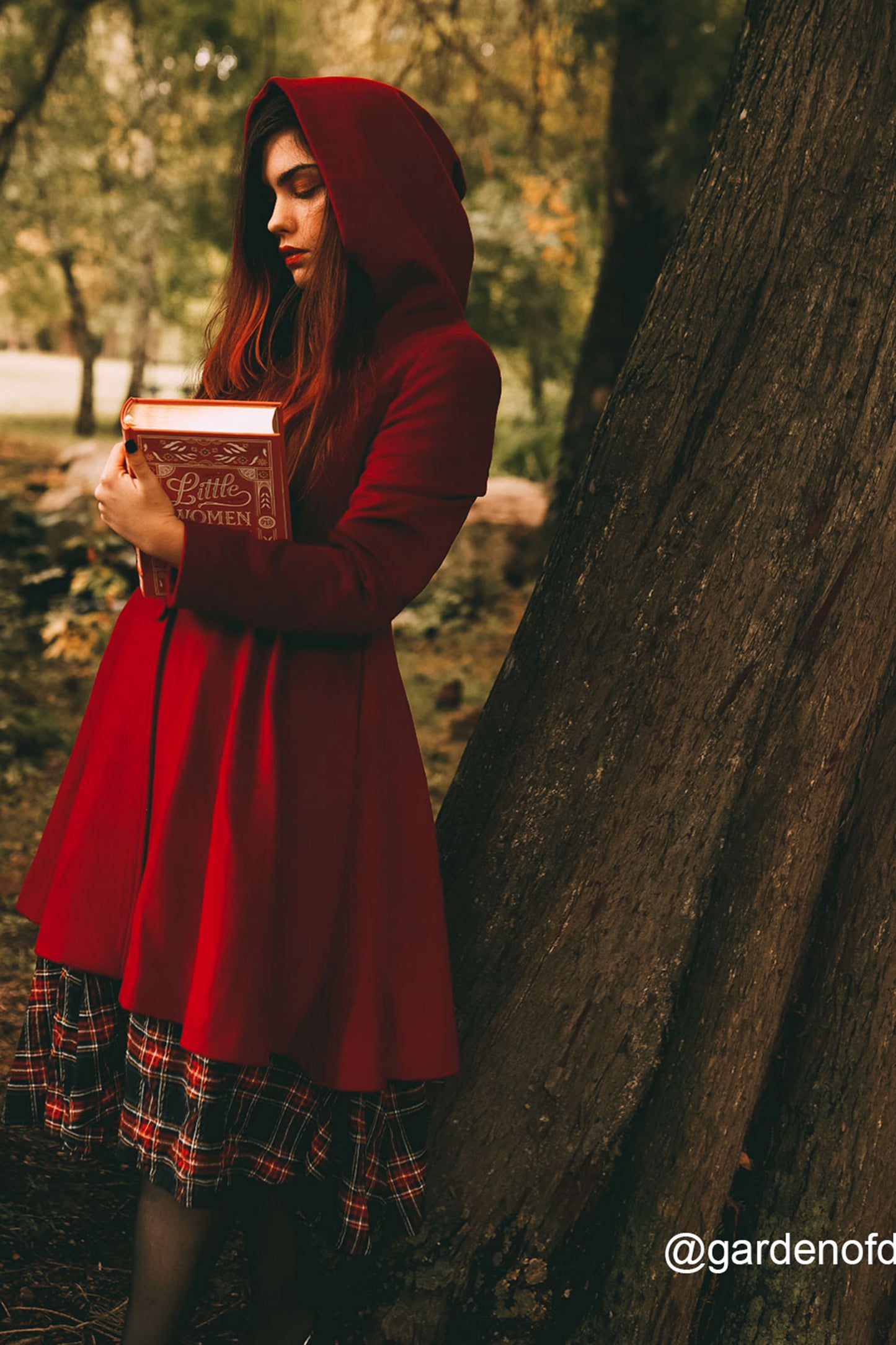 Red Wool Midi Coat - Hooded Empire Waist Swing Silhouette 2415