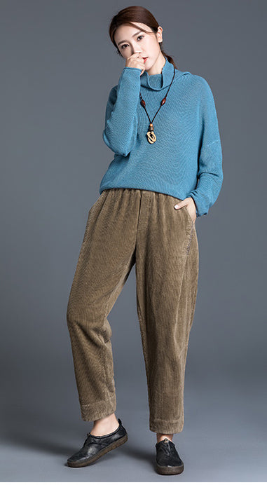 Brown Cotton Corduroy Wide Leg Pants - Elastic Waist, Ankle Length 2603