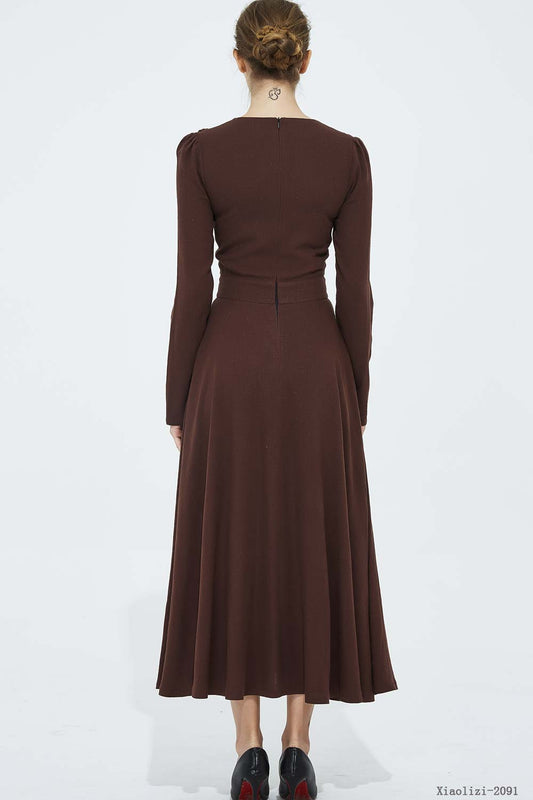 Brown Linen Fit and Flare Midi Dress - V-Neck, Long Sleeve 2091