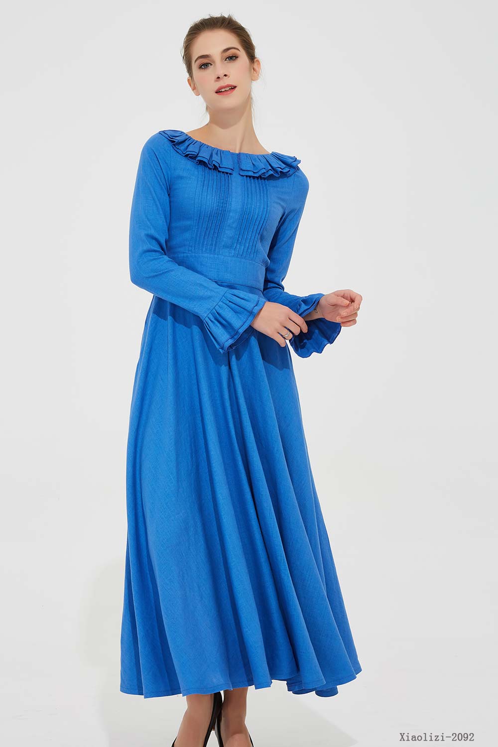 Blue Linen Maxi Dress - Ruffle Neckline and Swing Silhouette 2092