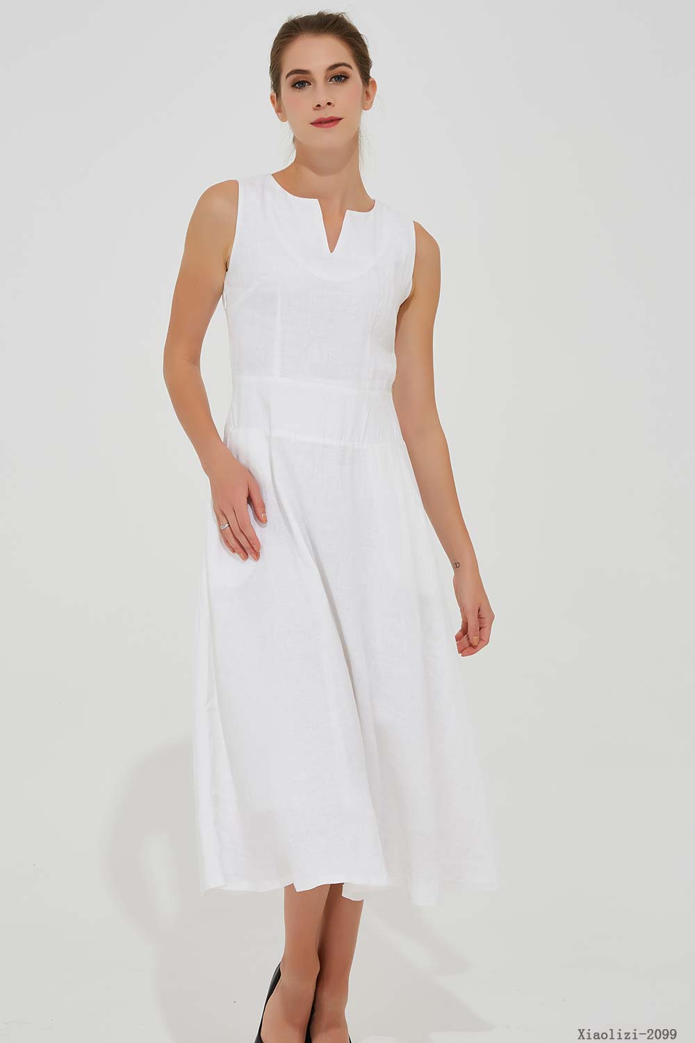 White Linen Midi Dress - Sleeveless Elegant Summer Dress Xiaolizi White Linen Midi Dress - Sleeveless Elegant Summer Dress Xiaolizi