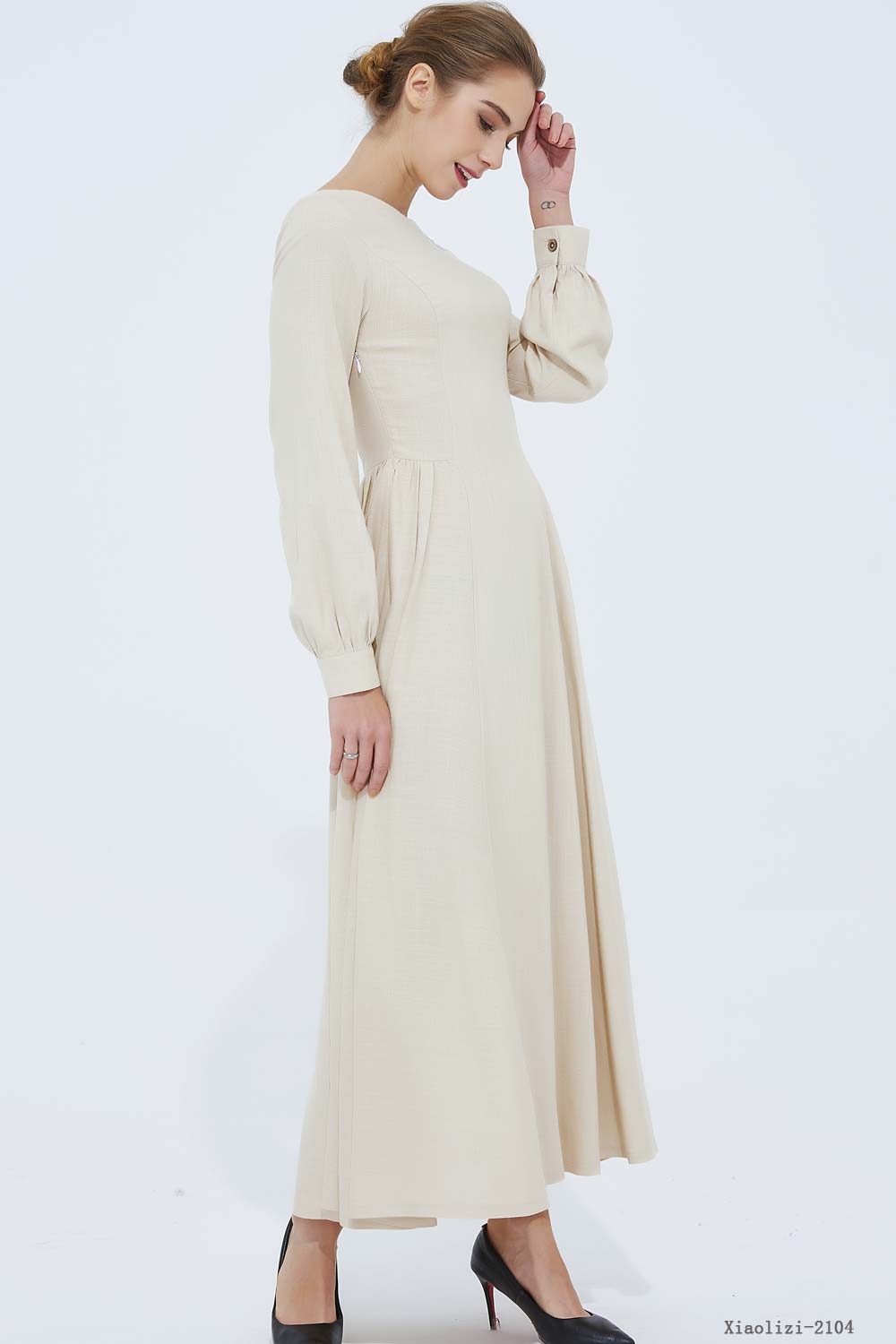 long sleeve swing prom dress in beige 2104#