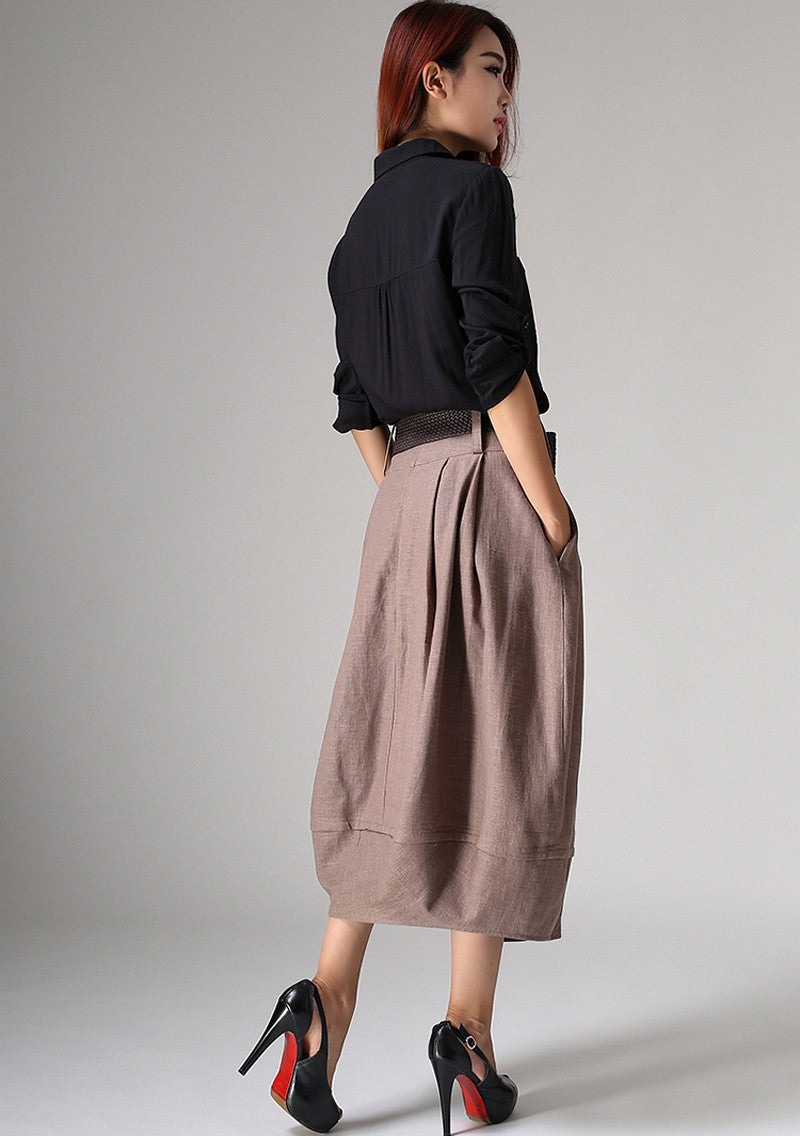 Linen Pleated Bubble Skirt – Vintage Inspired Midi Skirt with Waistband 1032