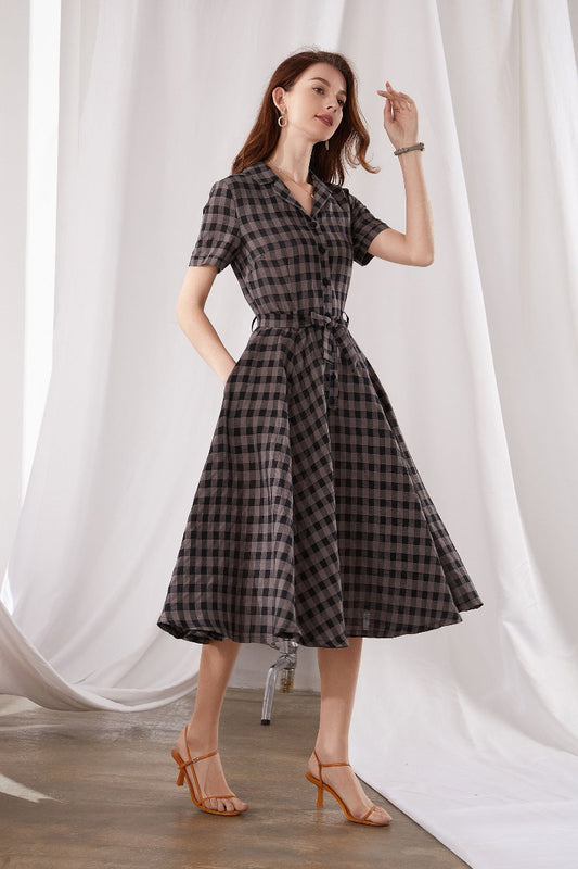Black And Gray Plaid Midi Linen dress 3377#