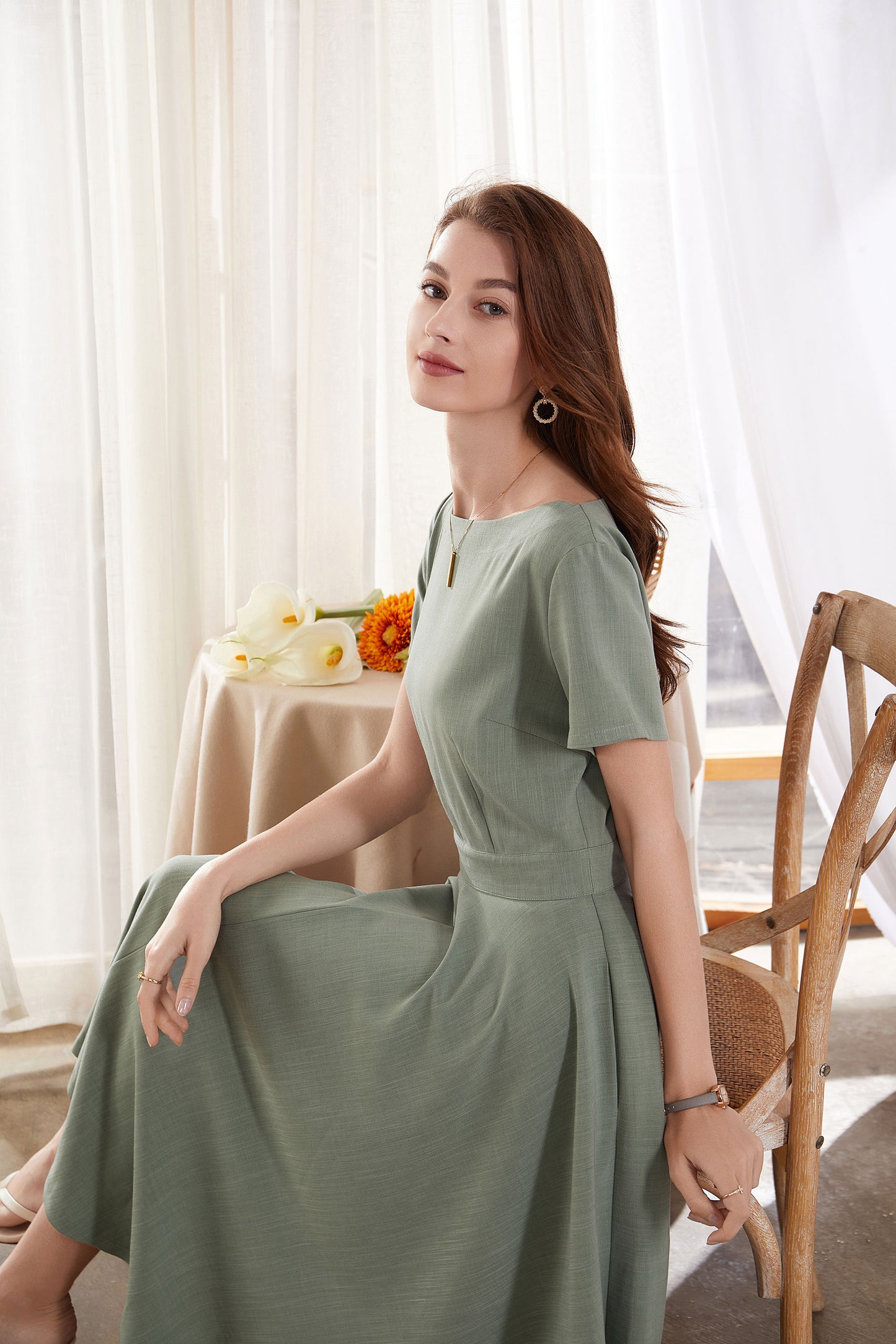 Army Green Cotton Linen Midi Dress - Boat Neck Swing Silhouette 3380