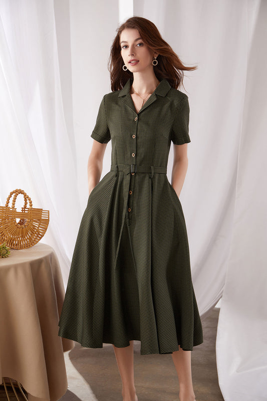 Dark green plaid Button front Dress 3383#