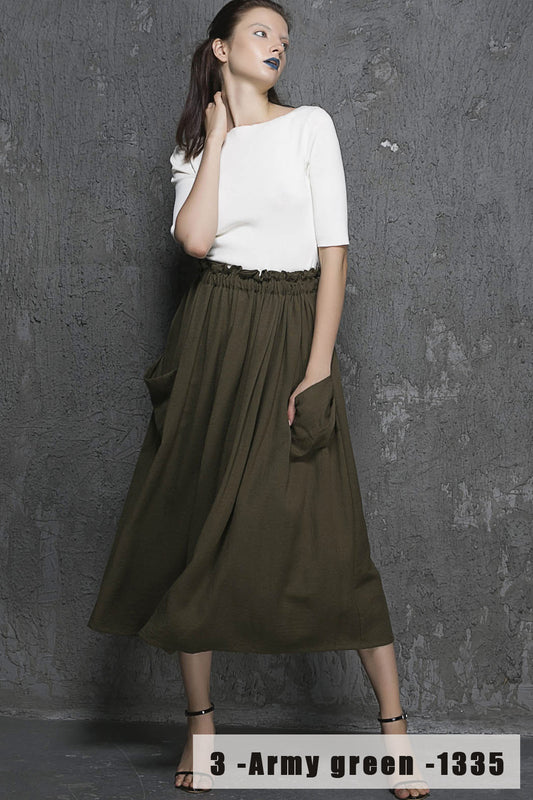 Army Green Linen Cotton Maxi Skirt - Elastic Waist with Draped Pockets 1335