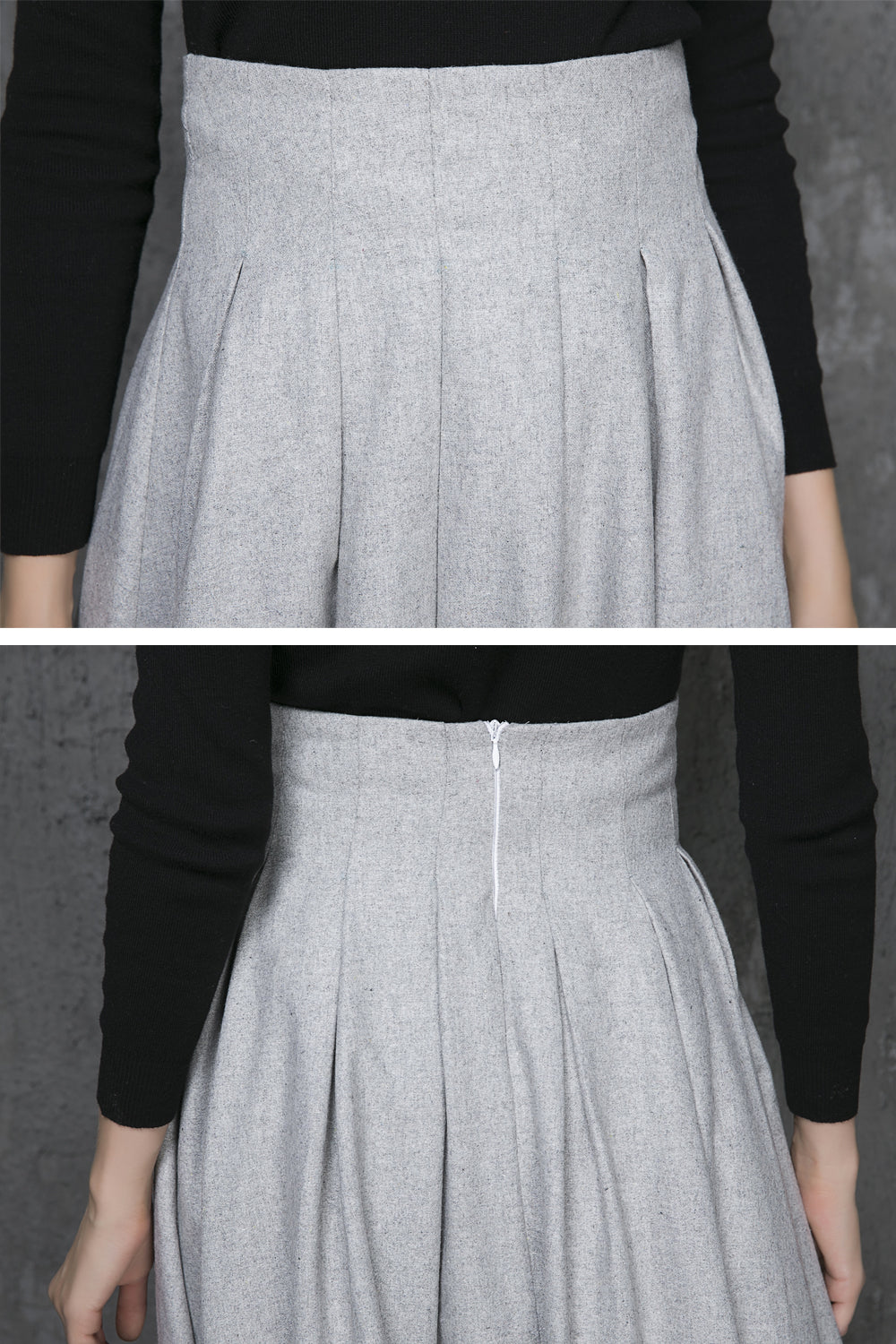 Light Grey Wool Pleated Midi Skirt - High Waisted Elegance 1340