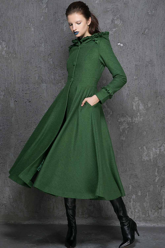 Green Wool Hooded Swing Coat - Handmade Ruffle Long Winter Coat 1345
