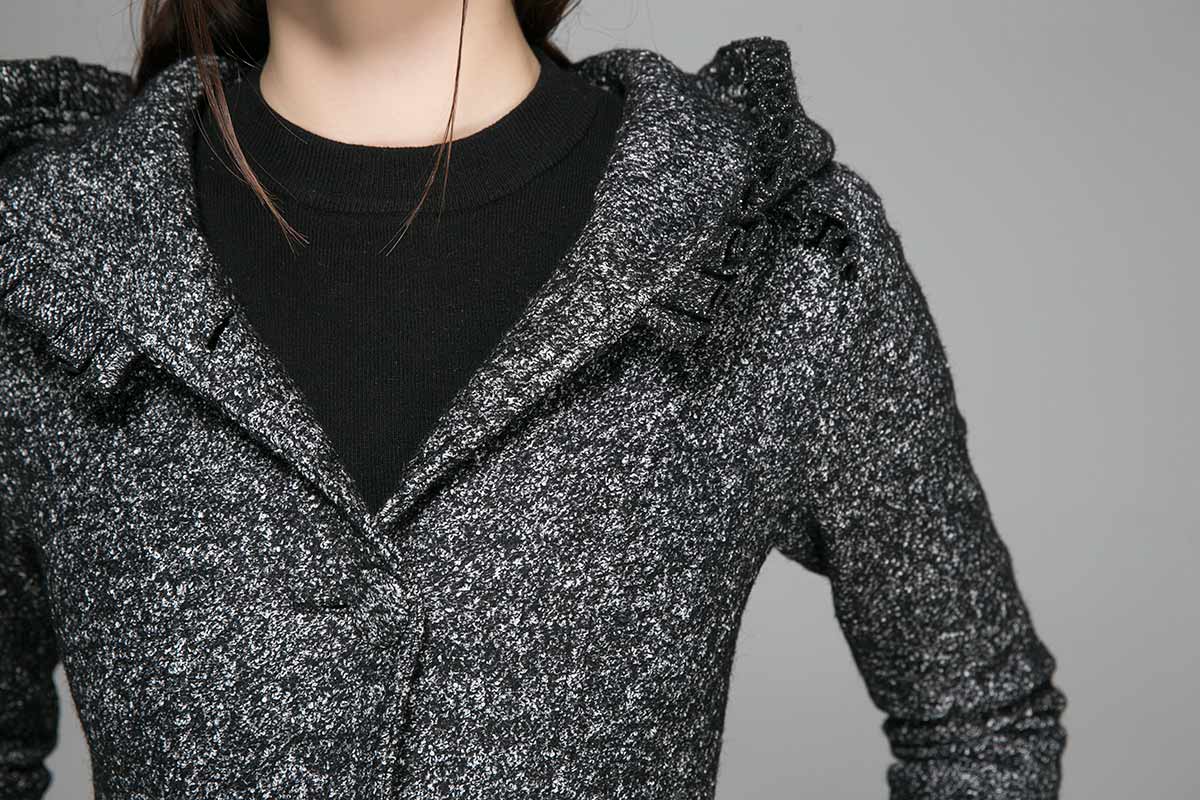 Gray Hooded Wool Maxi Coat – Gothic Ruffle Trim Winter Overcoat | Xiaolizi 1369