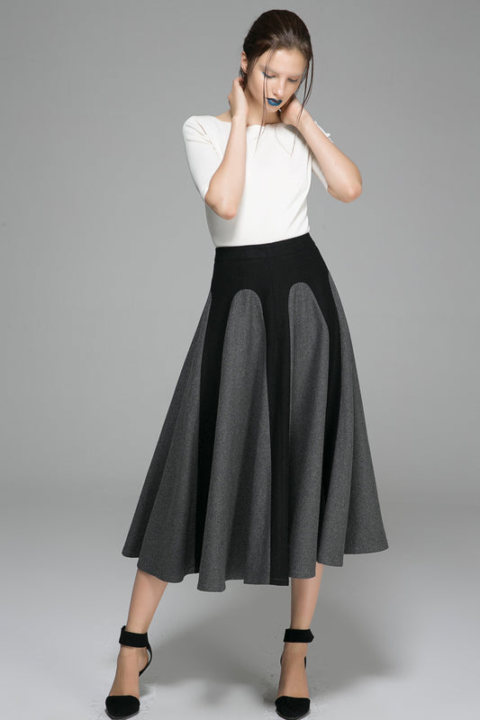 Handmade Two-Tone Gray Wool Maxi Skirt – Elegant Winter Swing Skirt | Xiaolizi 1381