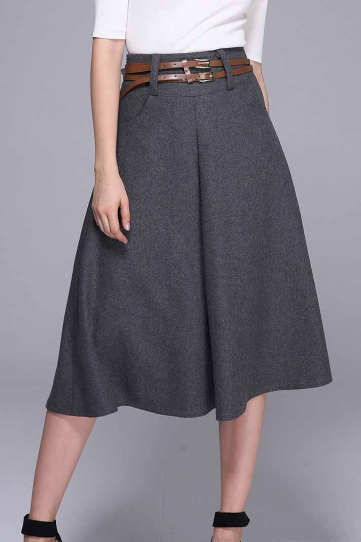 Black Wool Midi Skirt - High-Waisted A-Line Culotte with Belt 1084