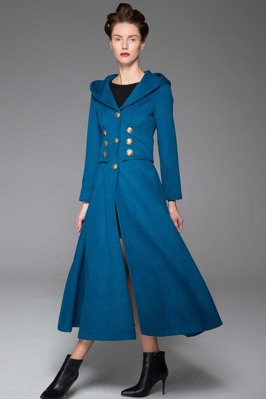 Wool Hooded Coat – Vintage Long Winter Overcoat with Button Detailing 1409