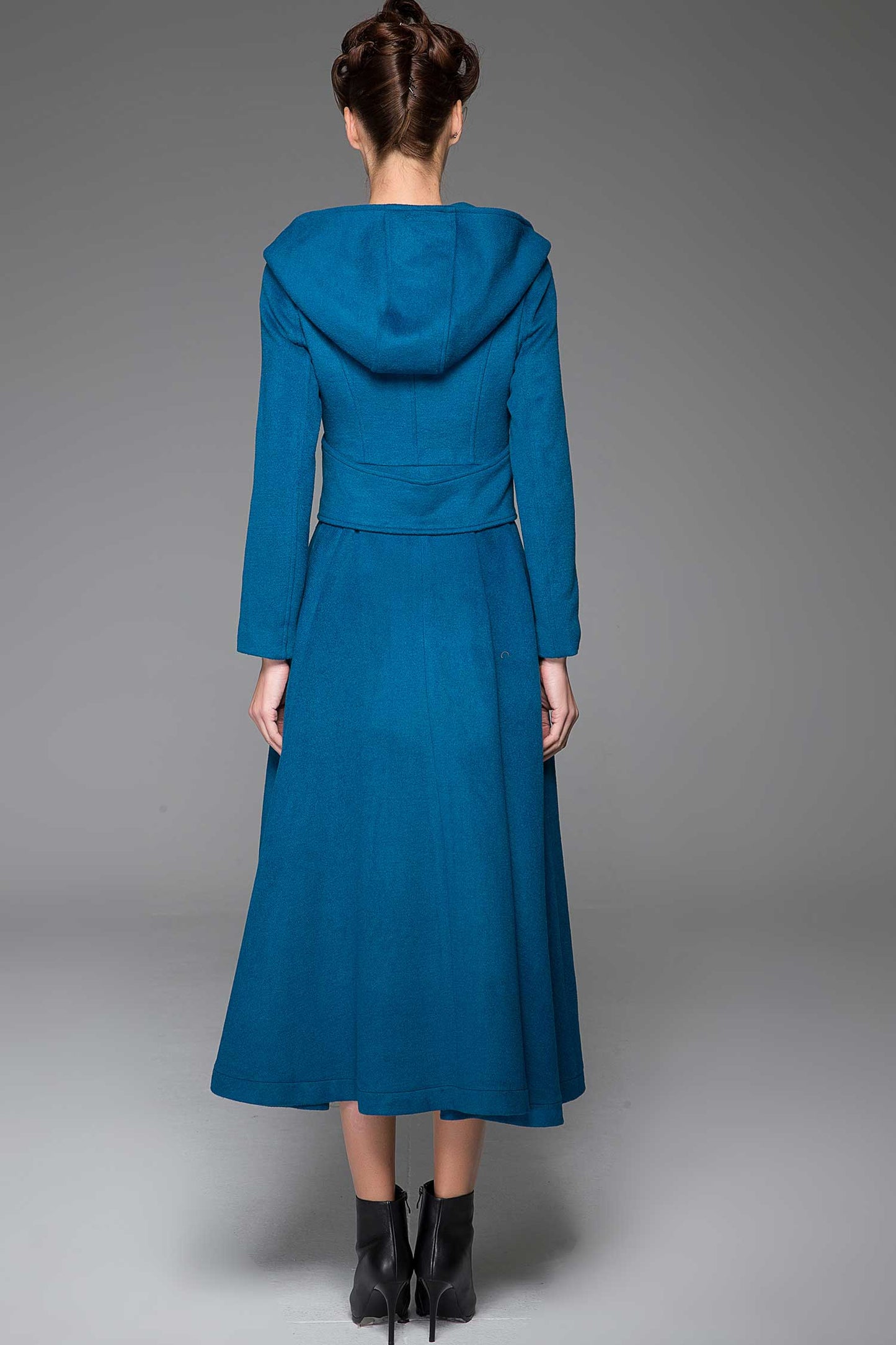 Wool Hooded Coat – Vintage Long Winter Overcoat with Button Detailing 1409