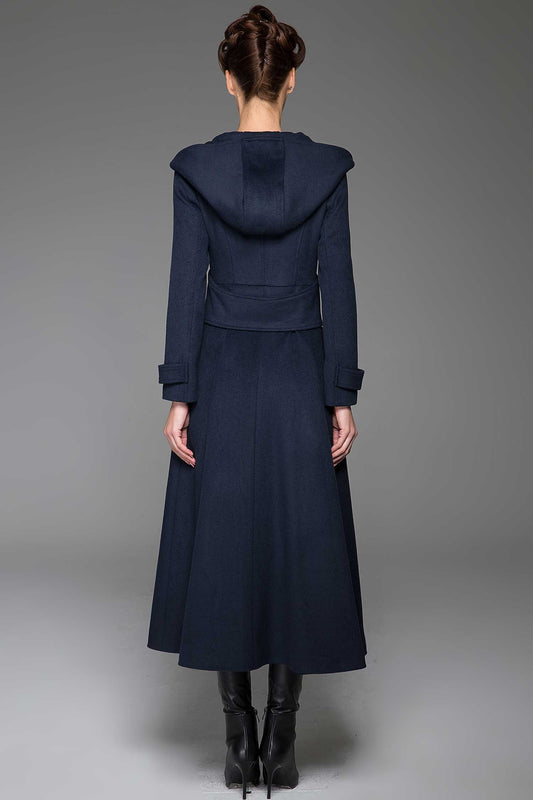 Navy Wool Hooded Long Coat - Oversized Fit with Gold Buttons 1420