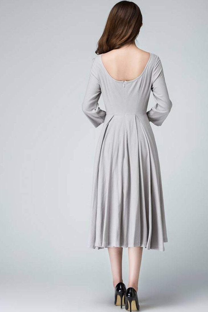 Handmade Light Gray Linen Midi Dress – Bateau Neck with Deep Back Cut 1462