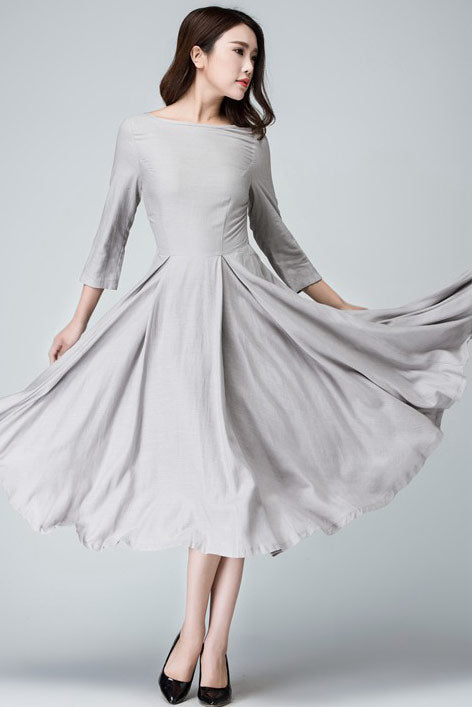 Handmade Light Gray Linen Midi Dress – Bateau Neck with Deep Back Cut 1462