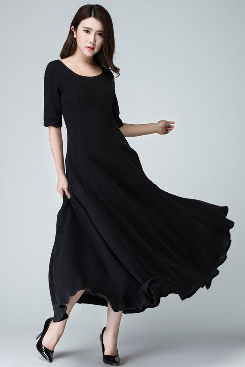 Black Linen Maxi Dress Handmade A-Line Summer Style | Xiaolizi 1467 Black / XL Black Linen Maxi Dress Handmade A-Line Summer Style | Xiaolizi 1467 Black / XL