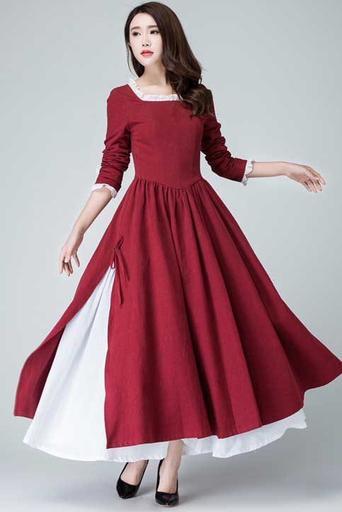 Burgundy Linen Maxi Dress | Square Neck, Pleated & Long Sleeve - Xiaolizi Burgundy Linen Maxi Dress | Square Neck, Pleated & Long Sleeve - Xiaolizi