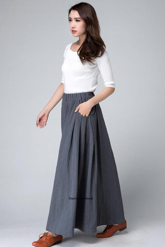 Artisan-Made Grey Maxi Skirt – Handmade Linen Cotton Flared Skirt for Spring | Xiaolizi 1498