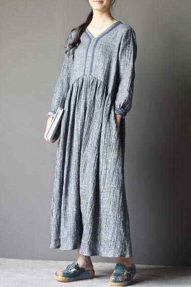 Gray Linen Maxi Dress - V-Neck, Loose Fit Commuter Dress CYM330