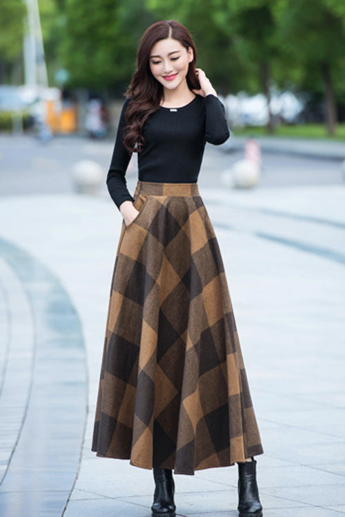 Plaid Wool Maxi Skirt - Elastic Waist, Ankle Length 2711