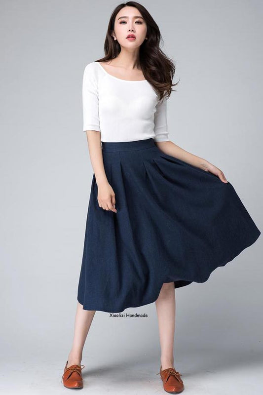 Elegant Navy Linen Midi Skirt – High-Waisted A-Line with Side Zipper | Xiaolizi 1500