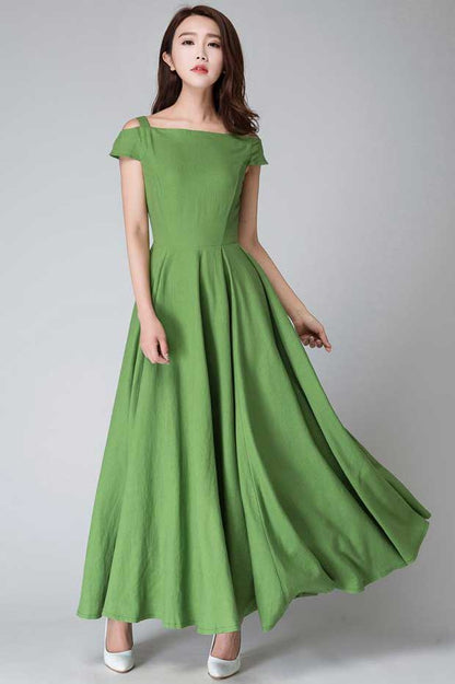 off shoulder dress, Green dress, full length dress 1531#
