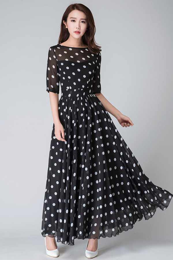 Black and White Chiffon Maxi Dress with Illusion Neckline and Half Sleeves Black and White Chiffon Maxi Dress with Illusion Neckline and Half Sleeves