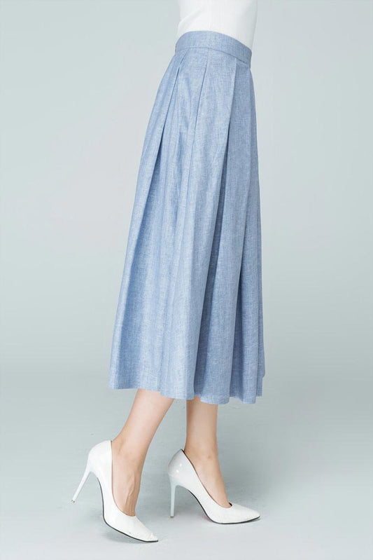 Blue Linen Cotton Blend A-Line Midi Skirt - Pleated Elegance 1591
