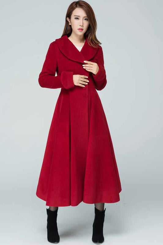 Vintage Inspired Wool Coat – Wine Red Long Sleeve Winter Overcoat | Xiaolizi 1860