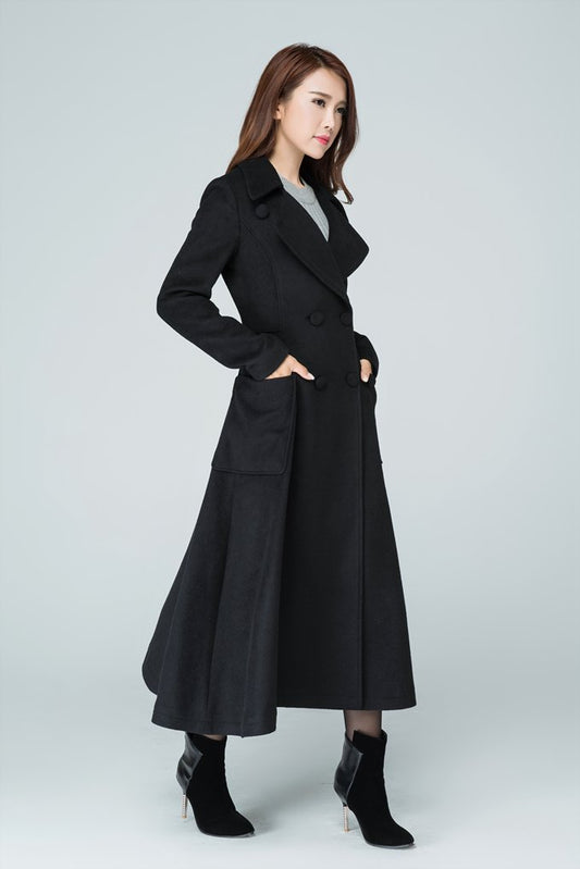 Wool long  women high waist coat with two pockets on the both side 1607