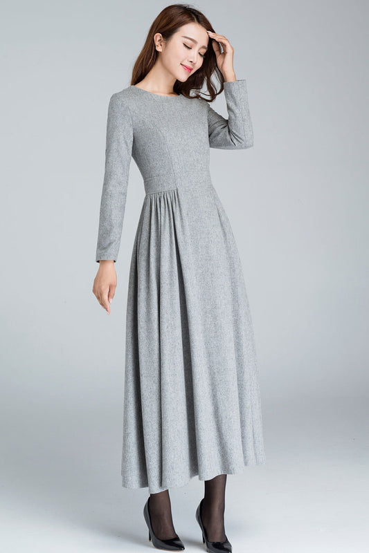 Grey pleated long wool dress 1617