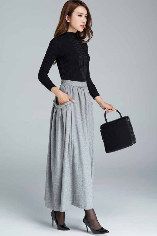 Handmade Light Gray Wool Maxi Skirt – High Waist Winter Skirt with Pockets | Xiaolizi 1624
