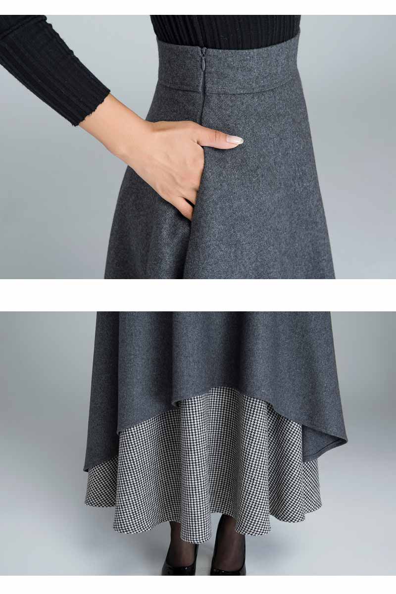 Dark Grey Wool Blend Maxi Skirt – Handmade Layered Vintage Elegance 1625